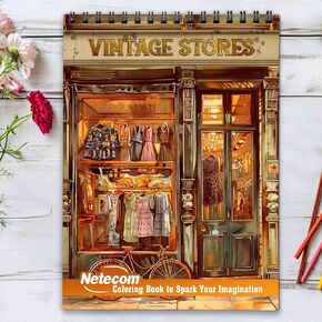 Netecom Vintage Stores Coloring Book for Adults, Spiral Bound Edition, Premium Cover, 30 Vintage-Inspired Coloring Pages of Classic Fashion, Collectibles, Decor for Stress Relief and Relaxation