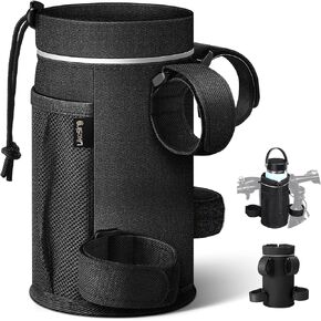 Bike Water Bottle Holder, Bicycle Cup Holder with Mesh Pocket, Universal Cycling Water Bottle Bag Drink Cup Cage for Scooter Stroller Mountain Bike Road Bike Cart (24oz, Black*2)