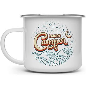 Happy Camper Enamel Mug, Outdoor Camping Coffee Cup, Hiking Mountain Nature Lover Gift (12oz)