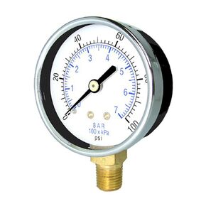 PIC Gauges 101D-208D Bottom Mount Dry Pressure Gauge w/ Black Steel Case, Brass Internals, Chrome Bezel, Plastic Lens, 2" Dial, 0/60 psi Range, 1/8" Male NPT