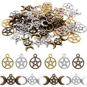 Sliverdew Alloy Pentagram Moon Charms 50PCS Pentacle Star Charms Pendant Lucky Witch Pendants Celestial Charms Mixed Moon Star Charms for DIY Earrings Necklace Bracelet Jewelry Craft Making Accessory