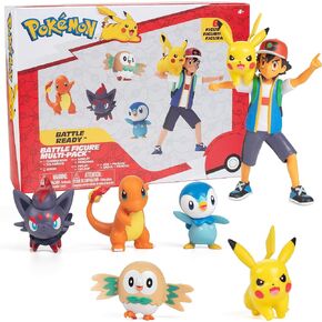 Pokémon Battle Ready! Figure Set, 6 Pieces - Includes 4.5" Ash & Launching Pikachu, 2" Charmander, 2" Rowlet, 2" Piplup, 2" Zorua - Officially Licensed - Toy Gift for Kids, Boys & Girls - Ages 4+