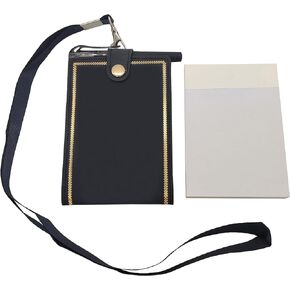 PU Leather Lanyard Meeting Notebook Neck Hanging Notepad with ID Slot and Pen, 3.5X5.1inch, Black