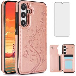 Phone Case for Samsung Galaxy S24 Plus S24+ 5G with Tempered Glass Screen Protector Card Holder Wallet Cover Stand Flip Leather Cell Accessories S24plus 24S + S 24 24+ 2024, 6.7 inch Women Men Black