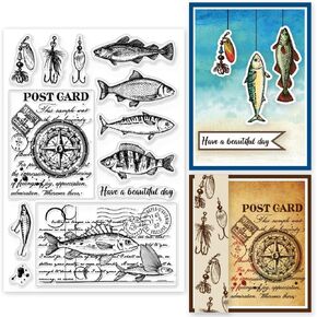 GLOBLELAND Fish Bait Clear Stamps Vintage Background Ocean Fish Postcard Silicone Stamps with Compass for Card Making Scrapbooking Photo Album Decor