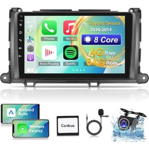 راديو سيارة 8 Core Android 13 لسيارة Toyota Sienna 2010-2014 - Carplay لاسلكي وAndroid Auto - شاشة لمس IPS 9 بوصة مع DSP/WiFi/GPS/SWC + كاميرا رؤية خلفية AHD وميكروفون، 4 + 64 جيجا in Kuwait