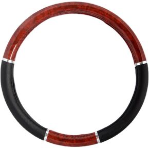BDK Black Two-Tone 14.5-15 inch Woodgrain Pattern Dark Wood Steering Wheel Cover, 1 Pack
