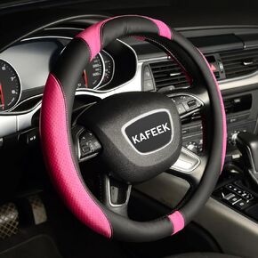 KAFEEK Steering Wheel Cover,Microfiber Leather, Universal 15 inch, Anti-Slip, Odorless,Black Pink