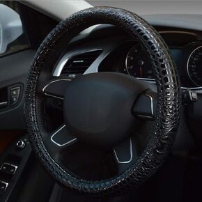 i-Will Crocodile Pattern Steering Wheel Cover Microfiber Leather Breathable Anti-Slip Massage Wheel Protector 15 Inch Universal Fit (A-Black)