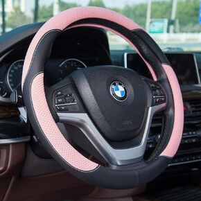 Universal Car Steering Wheel Cover Microfiber Leather Viscose Multi-Element Stitching (Black&Pink, D)
