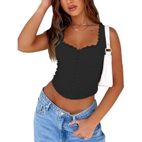 REORIA Women's Summer Vintage Square Neck Lace Trim Tank Crop Tops