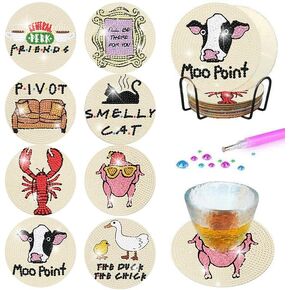 8 Pcs Diamond Painting Coasters- 5D Friends Diamond Painting Coasters Kits，DIY Diamond Art Coasters with Holder Non Slip Coaster Crystal Sticky for Tabletop Protection and Gifts （3.94x3.94Inch）.