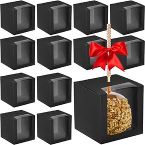 100 Pcs Candy Apple Boxes with Hole Caramel Apple Boxes 4 x 4 x 4 Inch Apple Gift Box Cookies Chocolate Apple Container with Clear Window for Harvest Autumn Party Wedding Baby Shower (Black)