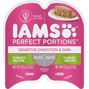 Iams Perfect Portions Sensitive Digestion & Skin Turkey Recipe Adult Wet Cat Food, 2.6 oz Twin-Pack Trays of 24