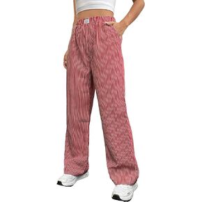 OYOANGLE Women's Straight Wide Leg Trousers Striped Print Letter Patched Detail High Waist Y2K Fashion Pants Red Large