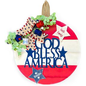 4th of July Patriotic Door Sign Hanger Decorations, Rustic Independence Day God Bless America Welcome Wood Wreaths for Front Door Farmhouse Porch Wall (Patriotic Door Sign-A)