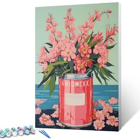 Paint by Number Pink Flowers in a Pink Tin DIY Cute Painting on Canvas with Brushes Acrylic Paints Floral Green Leaves Paint by Numbers for Adults and Kids Student Beginner 16x20 Inch（DIY Frame）