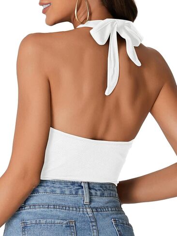 Rooscier Women's Halter Scoop Neck Self Tie Sleeveless Backless Ribbed Knit Sexy Bodysuit in Saudi Arabia