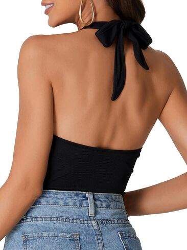 Rooscier Women's Halter Scoop Neck Self Tie Sleeveless Backless Ribbed Knit Sexy Bodysuit in Saudi Arabia