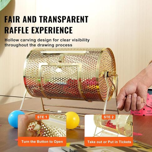 VEVOR Raffle Ticket Spinner - 12 × 8 بوصة رسم دوار يانصيب طبل السحب، صندوق لف تذاكر يانصيب مطلي بالنحاس مع مقبض خشبي دوار يحمل 2500 تذكرة أو 100 كرة بينج بونج للمناسبات in Saudi Arabia