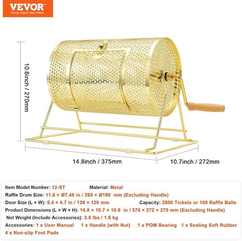 VEVOR Raffle Ticket Spinner - 12 × 8 بوصة رسم دوار يانصيب طبل السحب، صندوق لف تذاكر يانصيب مطلي بالنحاس مع مقبض خشبي دوار يحمل 2500 تذكرة أو 100 كرة بينج بونج للمناسبات in Saudi Arabia