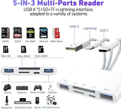قارئ بطاقات ذاكرة 8 في 1، Lightning USB-C معتمد من MFi، فتحات USB إلى Micro SD وSD، قارئ بطاقات محول USB OTG لأجهزة iPhone 15/14/MacBook/iPad Pro، يدعم التوصيل والتشغيل SD/Micro SD/SDHC/SDXC /MMC in Saudi Arabia