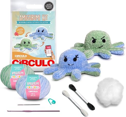 CIRCULO Amigurumi Crochet Octopus، طقم كروشيه - مجموعة أخطبوط مزاجية قابلة للعكس - متضمنة بالكامل، تعليمات سهلة - مستوى سهل، مجموعات كروشيه Amigurumi ممتازة، غزل Pelucia - أزرق وأخضر in Kuwait