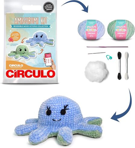 CIRCULO Amigurumi Crochet Octopus، طقم كروشيه - مجموعة أخطبوط مزاجية قابلة للعكس - متضمنة بالكامل، تعليمات سهلة - مستوى سهل، مجموعات كروشيه Amigurumi ممتازة، غزل Pelucia - أزرق وأخضر in Kuwait