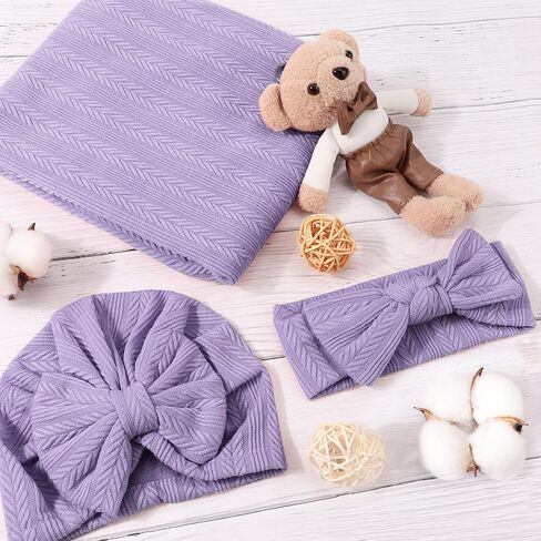 BQUBO Baby Swaddle Blankets for Girls, 4PCS Newborn Accessories Set with Matching Hat and Bow Headband with Card in Saudi Arabia