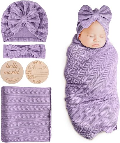 BQUBO Baby Swaddle Blankets for Girls, 4PCS Newborn Accessories Set with Matching Hat and Bow Headband with Card in Saudi Arabia