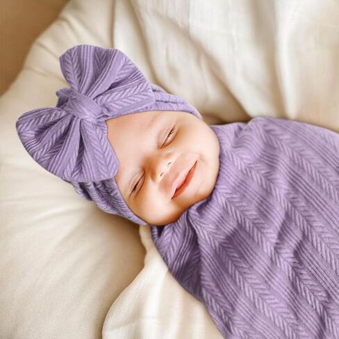 BQUBO Baby Swaddle Blankets for Girls, 4PCS Newborn Accessories Set with Matching Hat and Bow Headband with Card in Saudi Arabia