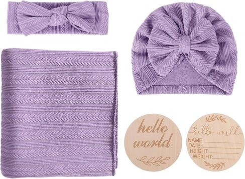 BQUBO Baby Swaddle Blankets for Girls, 4PCS Newborn Accessories Set with Matching Hat and Bow Headband with Card in Saudi Arabia