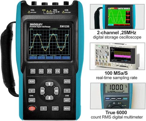 allsun 2 in 1 Handheld Digital Storage Oscilloscope Automotive Diagnostic Lab Scope Protable Digital Multimeter TRM Color Screen DMM 2 Channels,25MHz in Kuwait