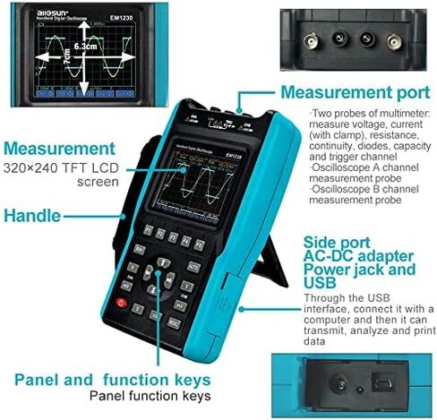allsun 2 in 1 Handheld Digital Storage Oscilloscope Automotive Diagnostic Lab Scope Protable Digital Multimeter TRM Color Screen DMM 2 Channels,25MHz in Kuwait