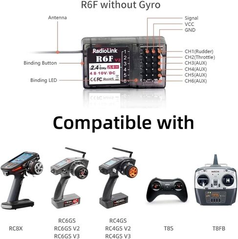 راديولينك R6F استقبال 6 قناة 2.4 جيجا هرتز ل RC سيارات قوارب ناقل موجات الراديو تحكم عن بعد RC6GS V2/RC4GS V2/T8FB/T8S/RC6GS V3/RC4GS V3 in Kuwait