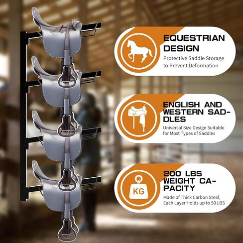 Tongmo Wall-Mounted Saddle Rack: 4-Tier Heavy-Duty Stand for Organized Storage of Western and English Saddles (Black) in Saudi Arabia