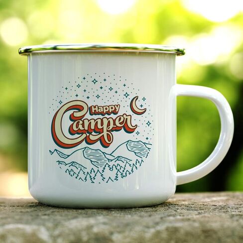 Happy Camper Enamel Mug, Outdoor Camping Coffee Cup, Hiking Mountain Nature Lover Gift (12oz) in Saudi Arabia