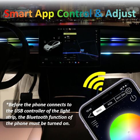 أضواء نيون داخلية لطراز تسلا 3/Y 2021 2022 2023 وطراز Y 2024 ملحقات تسلا شريط LED مجموعات الإضاءة المحيطة التحكم في التطبيق تشغيل/إيقاف تلقائي للوحة قيادة تسلا in Kuwait