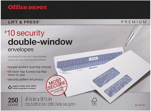 مظروف مزدوج النافذة معاد تدويره بنسبة 100% من Office Depot، 10 (4 1/8 بوصة × 9 1/2 بوصة)، أبيض، عبوة من 250، 76134 in Saudi Arabia