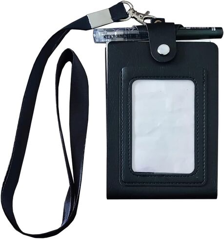 PU Leather Lanyard Meeting Notebook Neck Hanging Notepad with ID Slot and Pen, 3.5X5.1inch, Black in Saudi Arabia