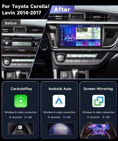 ثماني النواة 2G + 64G ستيريو سيارة أندرويد لتويوتا كورولا/ليفين 2014-2017 مع CarPlay Android Auto MirrorLink، Podofo 10.1 بوصة تعمل باللمس راديو بلوتوث مع GPS FM/RDS WiFi DSP كاميرا احتياطية in Kuwait
