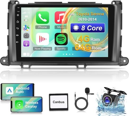 8 Core Android 13 Car Radio for Toyota Sienna 2010-2014 - Wireless Carplay & Android Auto - 9 Inch IPS Touch Screen with DSP/WiFi/GPS/SWC + AHD Rear View Camera & MIC, 4 + 64G in Saudi Arabia