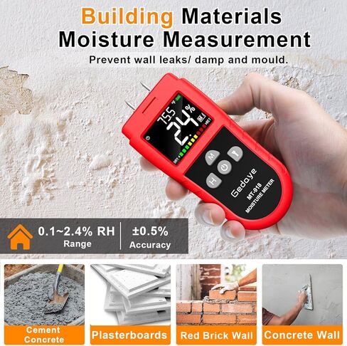 Wood Moisture Meter for Drywall, Gedaye Moisture Detector & Thermometer with Color Display, Data Hold, Max Value, 4 Mode, Digital Humidity Tester for Firewood, Lumber, Floors, Walls, Woodworking in Kuwait