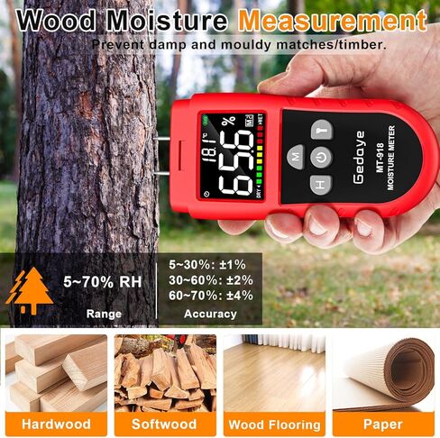 Wood Moisture Meter for Drywall, Gedaye Moisture Detector & Thermometer with Color Display, Data Hold, Max Value, 4 Mode, Digital Humidity Tester for Firewood, Lumber, Floors, Walls, Woodworking in Kuwait