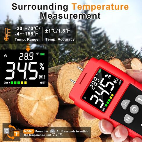 Wood Moisture Meter for Drywall, Gedaye Moisture Detector & Thermometer with Color Display, Data Hold, Max Value, 4 Mode, Digital Humidity Tester for Firewood, Lumber, Floors, Walls, Woodworking in Kuwait
