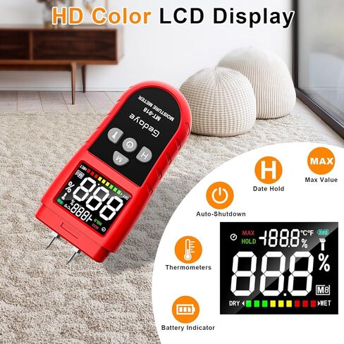 Wood Moisture Meter for Drywall, Gedaye Moisture Detector & Thermometer with Color Display, Data Hold, Max Value, 4 Mode, Digital Humidity Tester for Firewood, Lumber, Floors, Walls, Woodworking in Kuwait