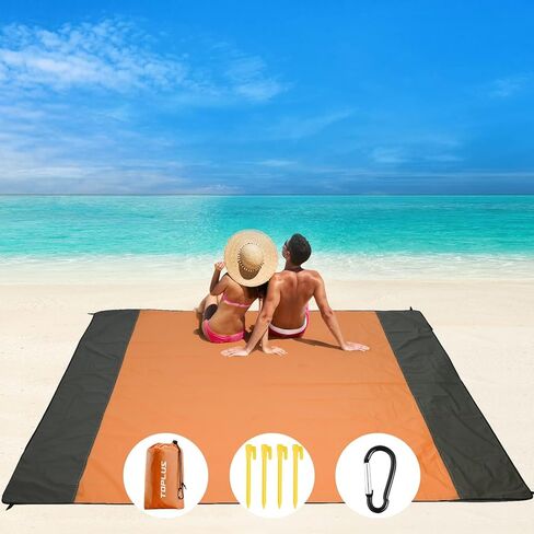 Beach Blanket, Sandproof Beach Mat ‎10'x9' for 8 Persons, Extra Large Beach Blanket Waterproof Beach Blanket with 4 Stakes, Easy to Clean, Lightweight Compact Beach Accessories (Orange) in Saudi Arabia
