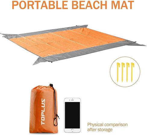 Beach Blanket, Sandproof Beach Mat ‎10'x9' for 8 Persons, Extra Large Beach Blanket Waterproof Beach Blanket with 4 Stakes, Easy to Clean, Lightweight Compact Beach Accessories (Orange) in Saudi Arabia