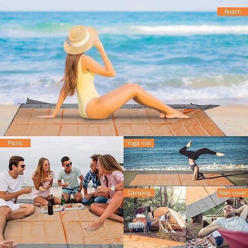 Beach Blanket, Sandproof Beach Mat ‎10'x9' for 8 Persons, Extra Large Beach Blanket Waterproof Beach Blanket with 4 Stakes, Easy to Clean, Lightweight Compact Beach Accessories (Orange) in Saudi Arabia
