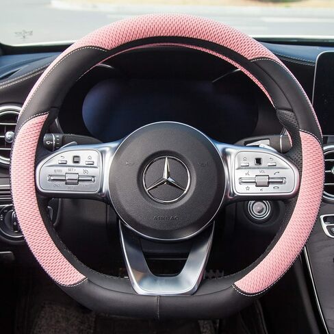Universal Car Steering Wheel Cover Microfiber Leather Viscose Multi-Element Stitching (Black&Pink, D) in Saudi Arabia